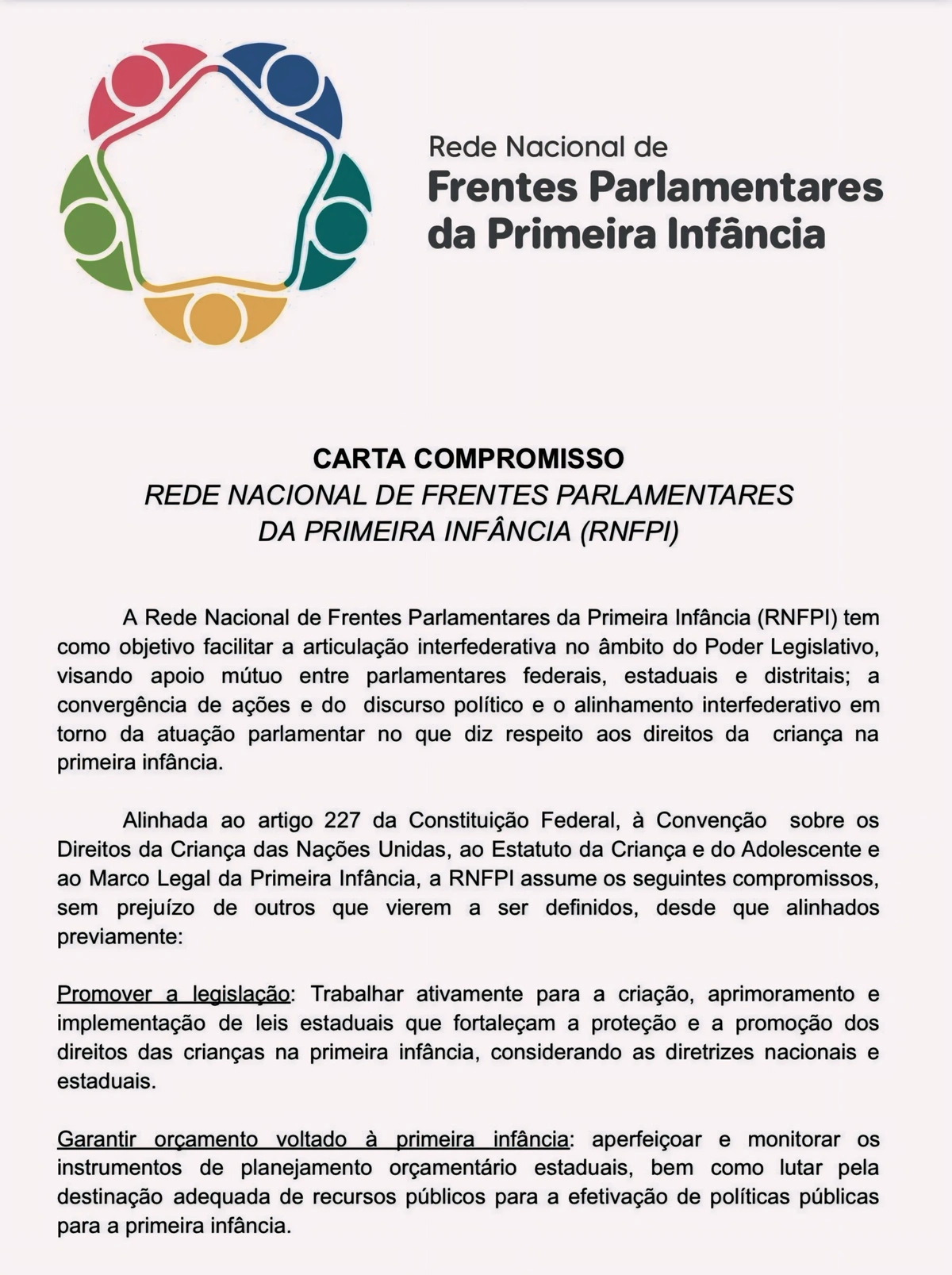 Carta Compromisso da Rede Nacional de Frentes Parlamentares da Primeira Infância